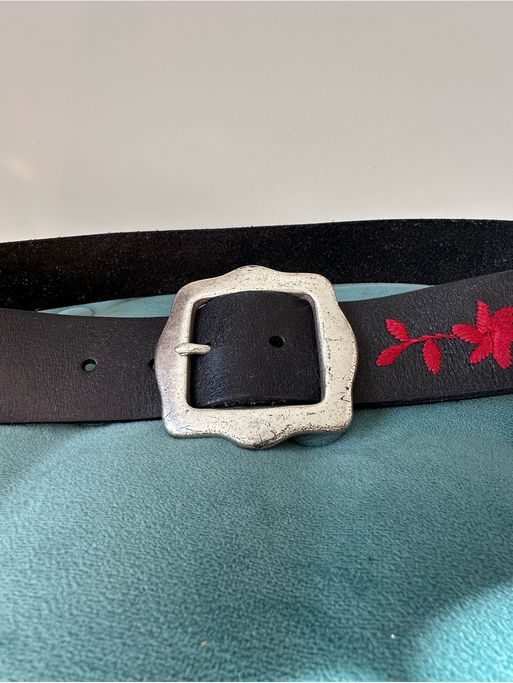 Lucky Brand Black Leather Belt with Silver Buckle and Red Embroidery